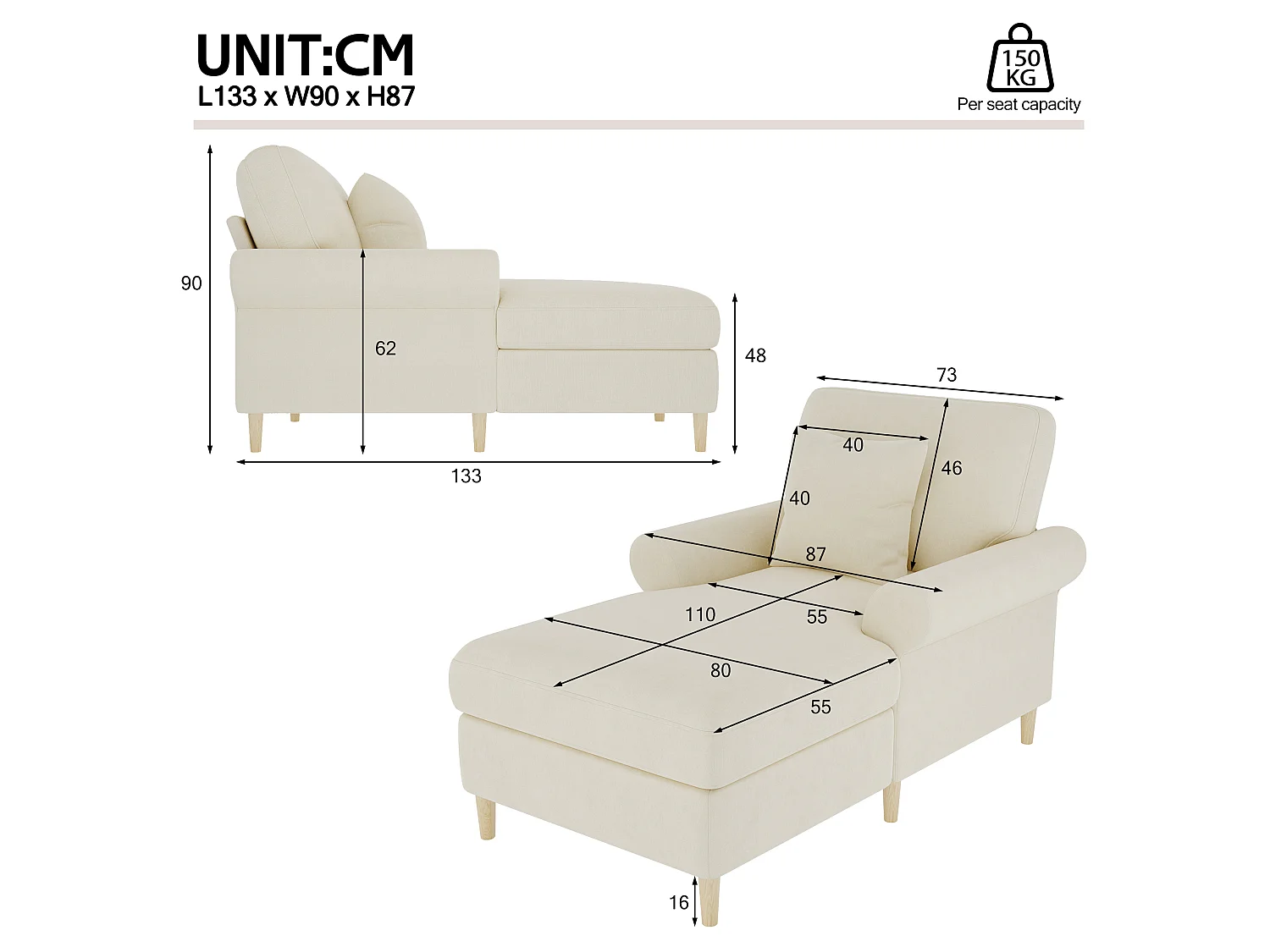 Gevoerde relaxfauteuil, opvouwbare ligstoel, bekleding van fluweel, geschikt voor de woonkamer en de slaapkamer, beige