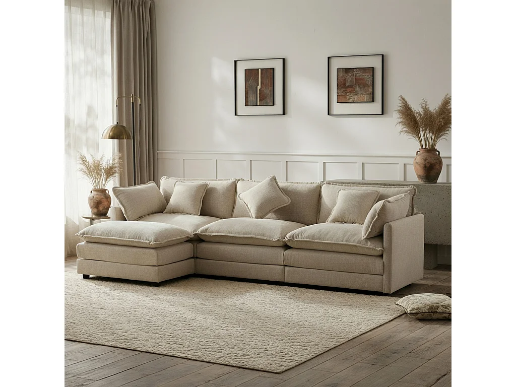 Sofá de canto moderno em L, de três lugares, em tecido de chenille, com apoio para os pés, adequado para a sala de estar e para o quarto, bege