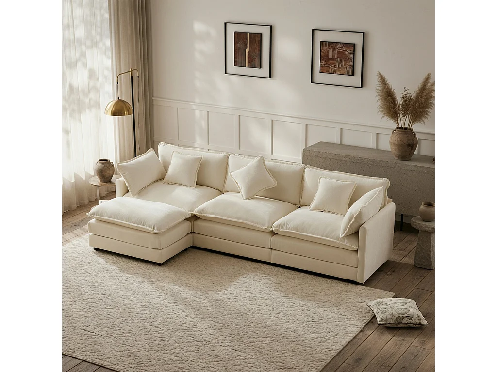 Sofá de canto moderno em L, de três lugares, em tecido de chenille, com apoio para os pés, adequado para a sala de estar e para o quarto, bege