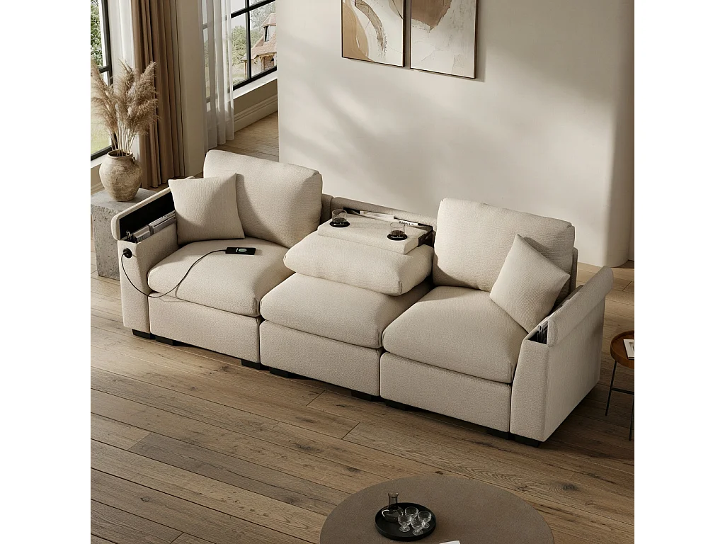 Canapé 3 places avec rangement en tissu chenille beige