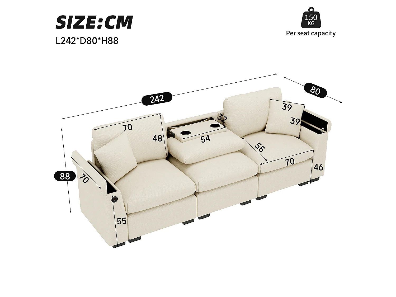 Canapé 3 places avec rangement en tissu chenille beige