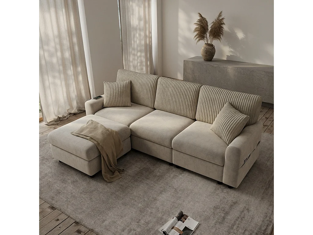 Canapé d'angle 4 places en tissu beige