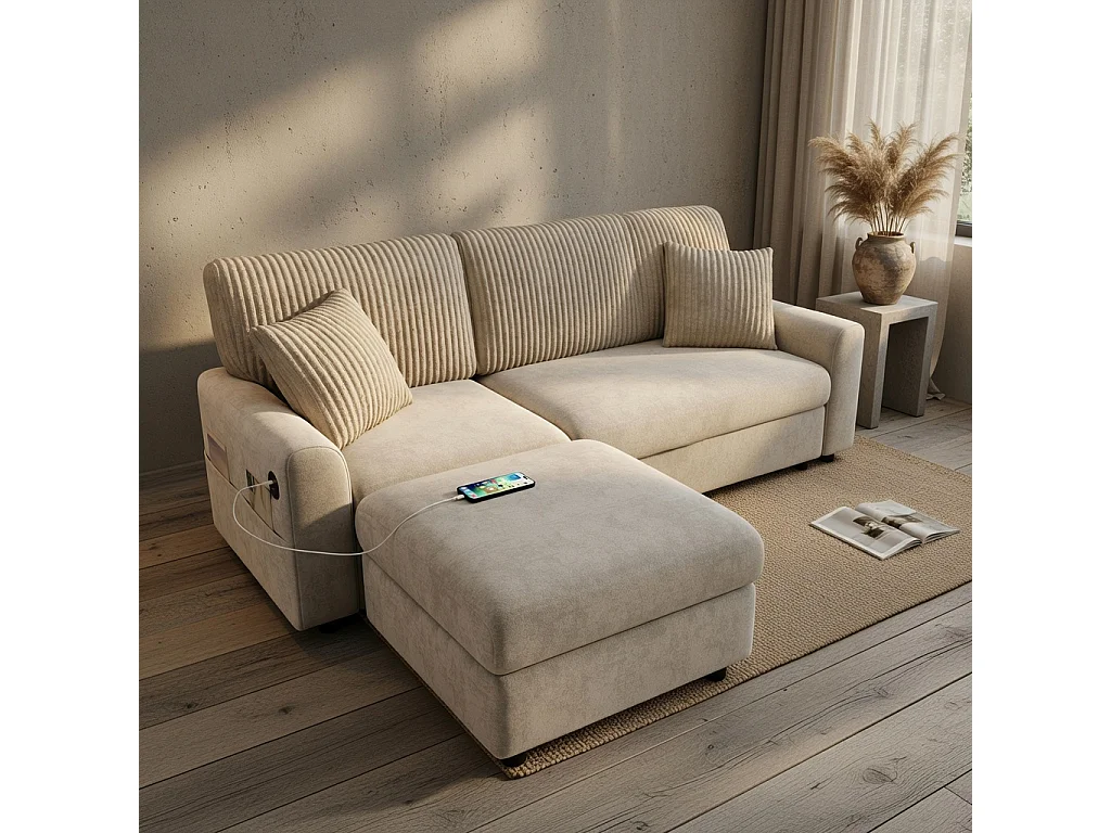 Canapé d'angle 4 places en tissu beige