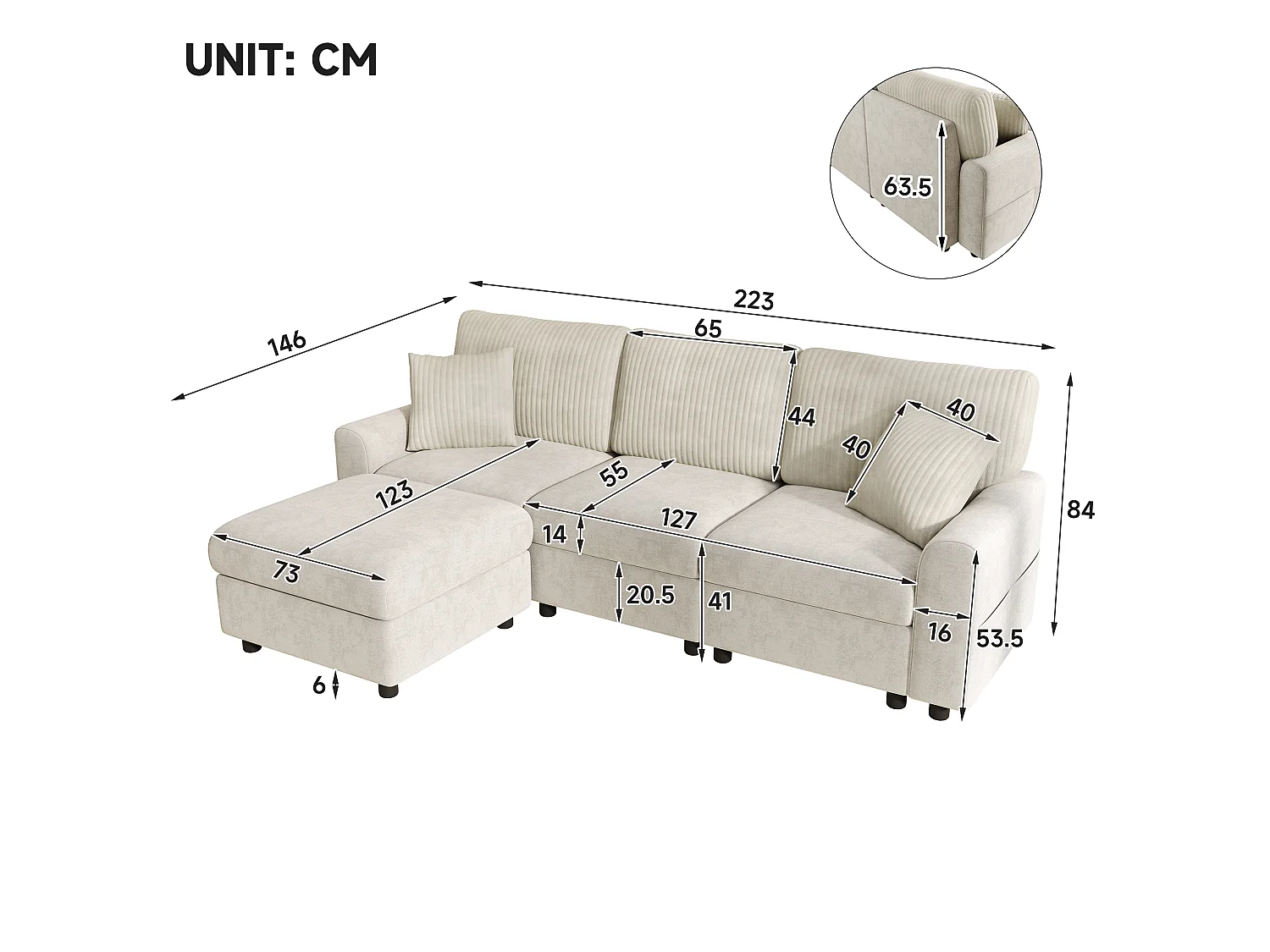 Canapé d'angle 4 places en tissu beige