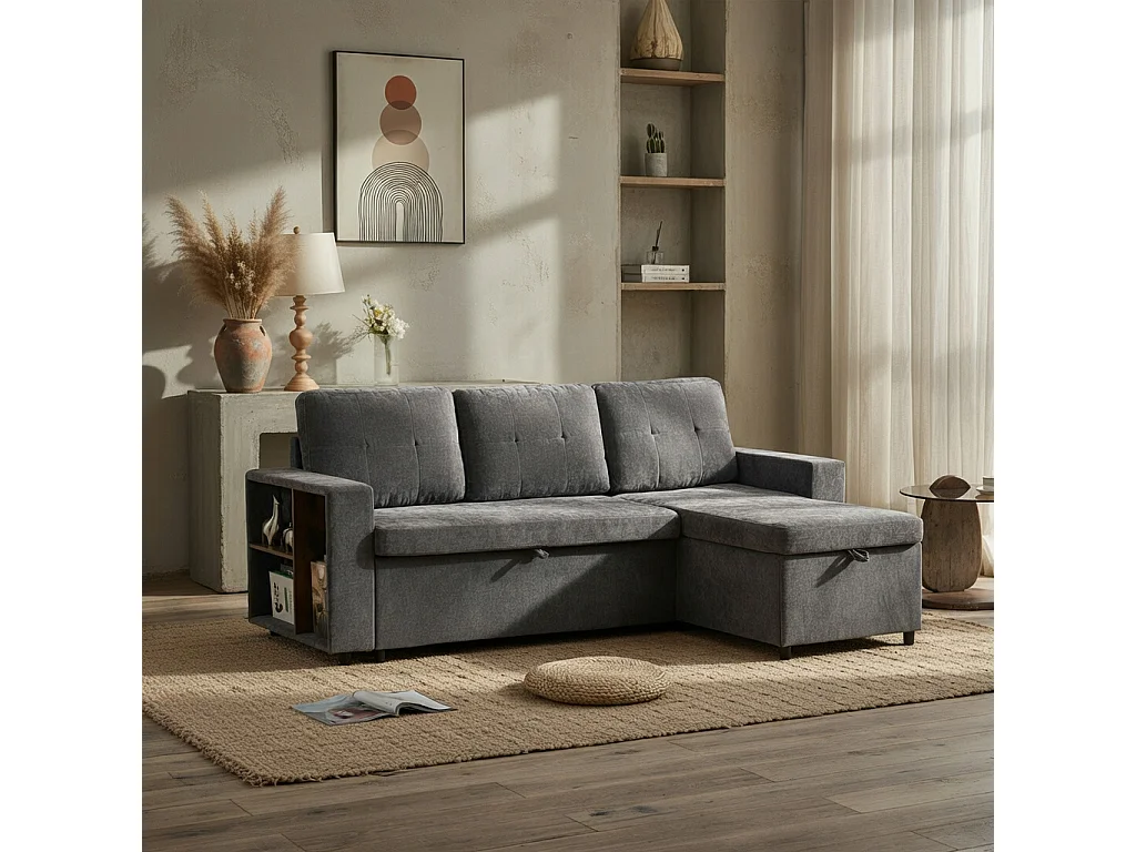 Sofá de canto, arrumação lateral, veludo chenille, capacidade de carga de 120 kg, montagem possível à esquerda ou à direita, cinzento