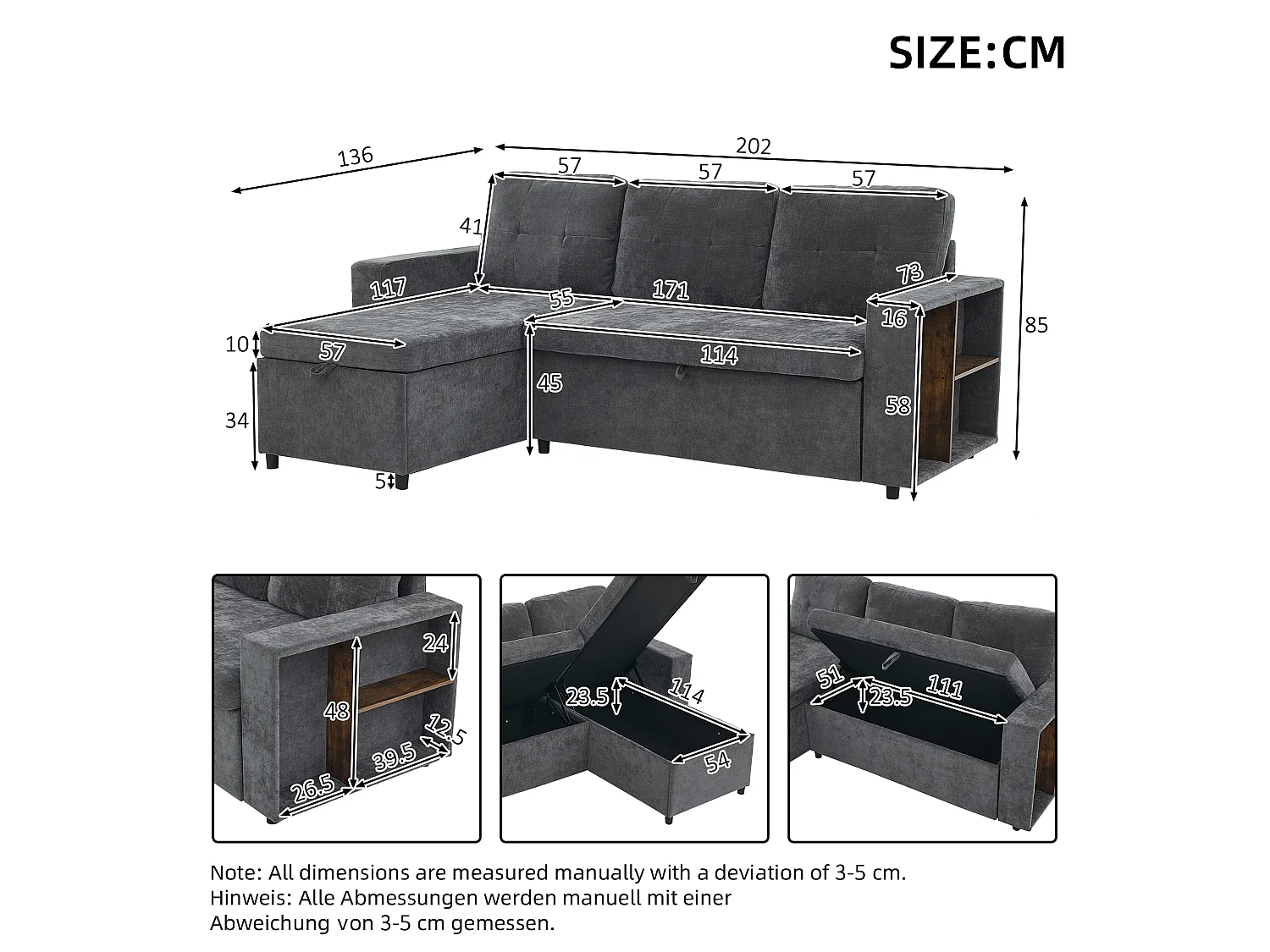 Sofá de canto, arrumação lateral, veludo chenille, capacidade de carga de 120 kg, montagem possível à esquerda ou à direita, cinzento