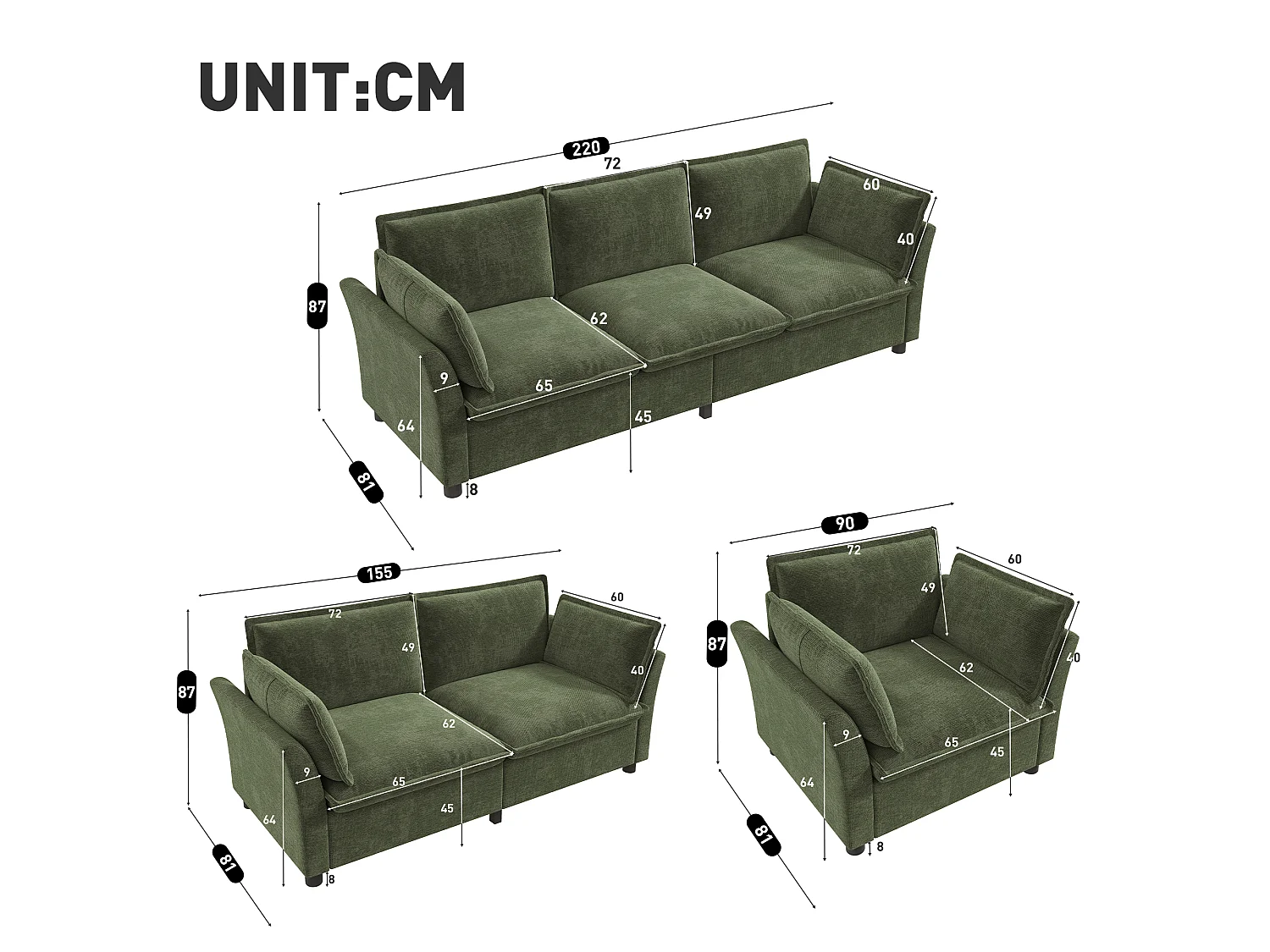 Bankenset van chenille-fluweel: 3-zitsbank + 2-zitsbank + fauteuil, inclusief kussens, groen