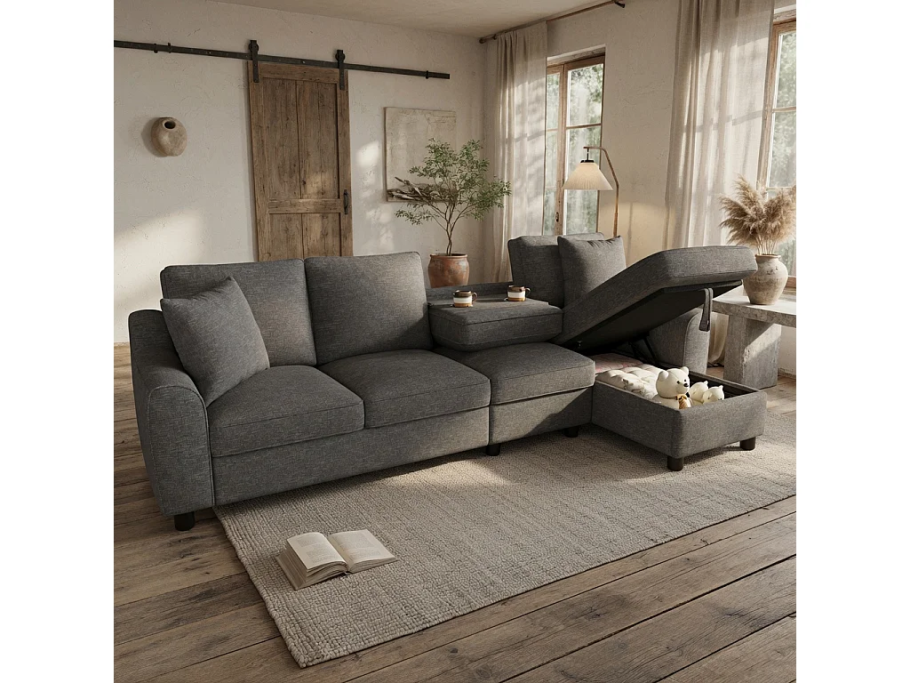 Canapé d'angle 4 places avec rangement en tissu chenille gris
