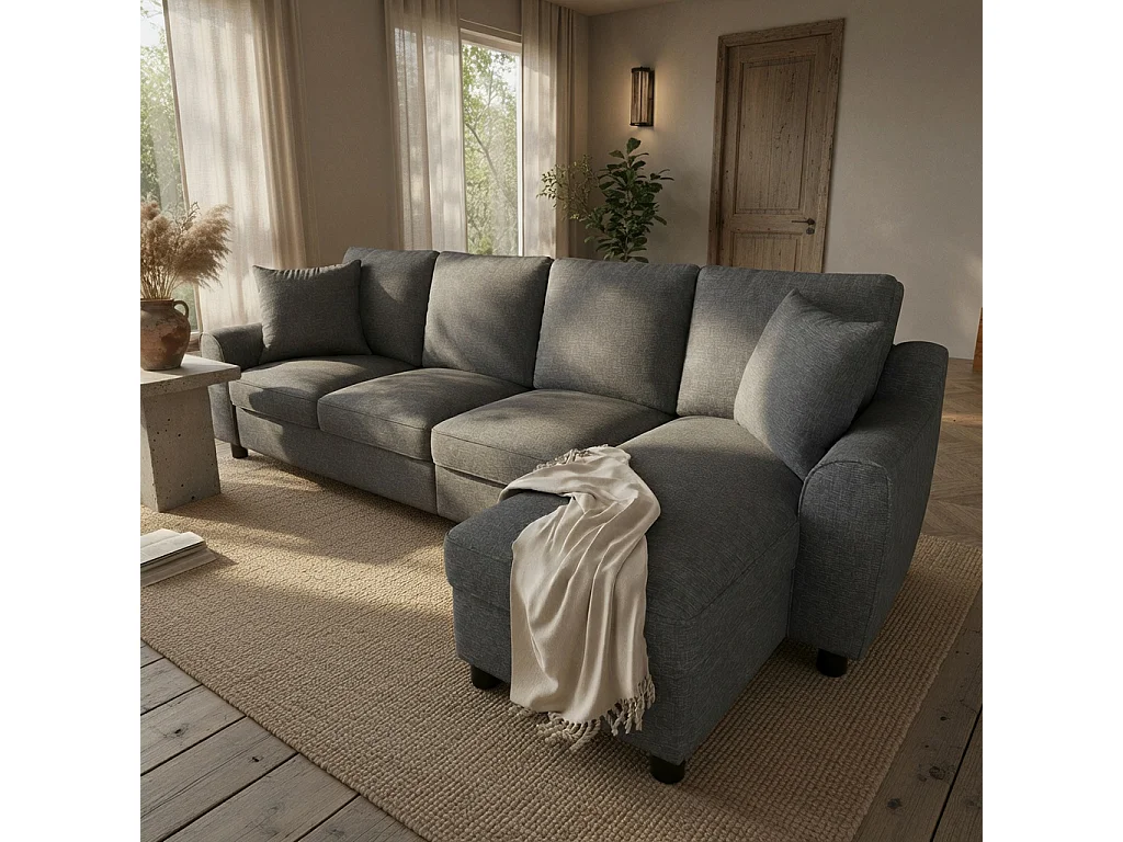 Canapé d'angle 4 places avec rangement en tissu chenille gris