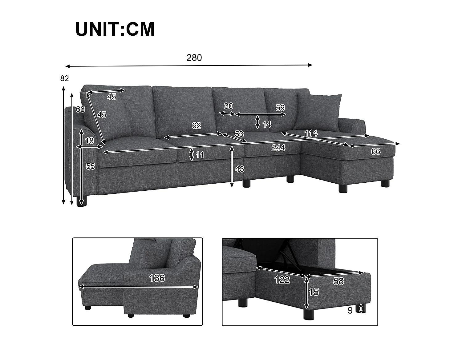 Canapé d'angle 4 places avec rangement en tissu chenille gris