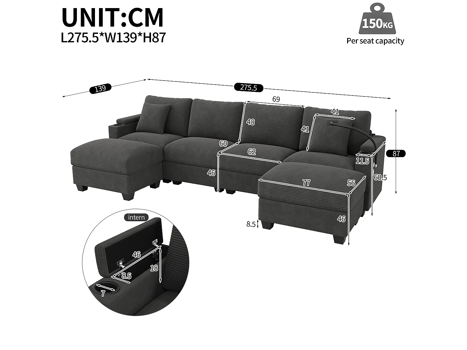 Sofá modular em U, com suporte para telemóvel e porta USB, em veludo canelado, cinzento