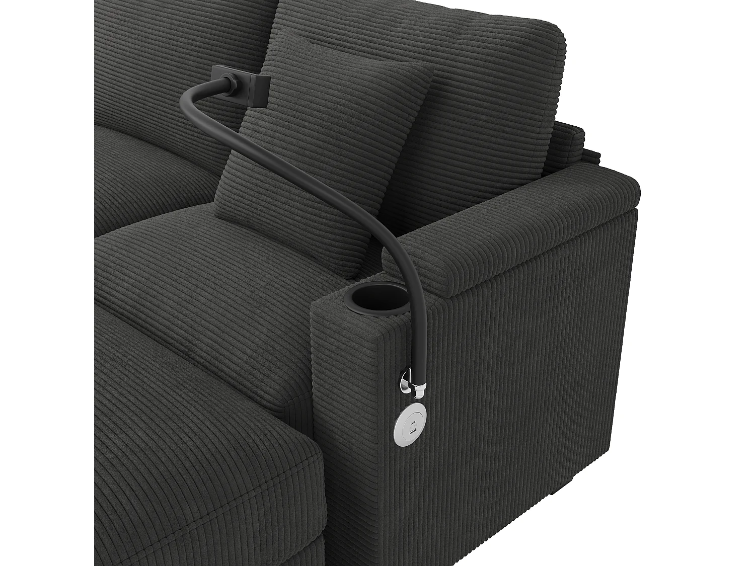 Sofá modular em U, com suporte para telemóvel e porta USB, em veludo canelado, cinzento