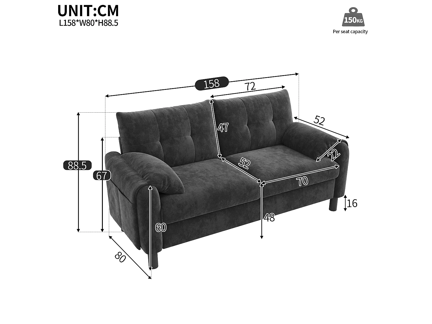 Sofá de dos plazas, de tejido de chenilla, con cojines mullidos, ideal para el salón, el dormitorio o pisos pequeños, gris