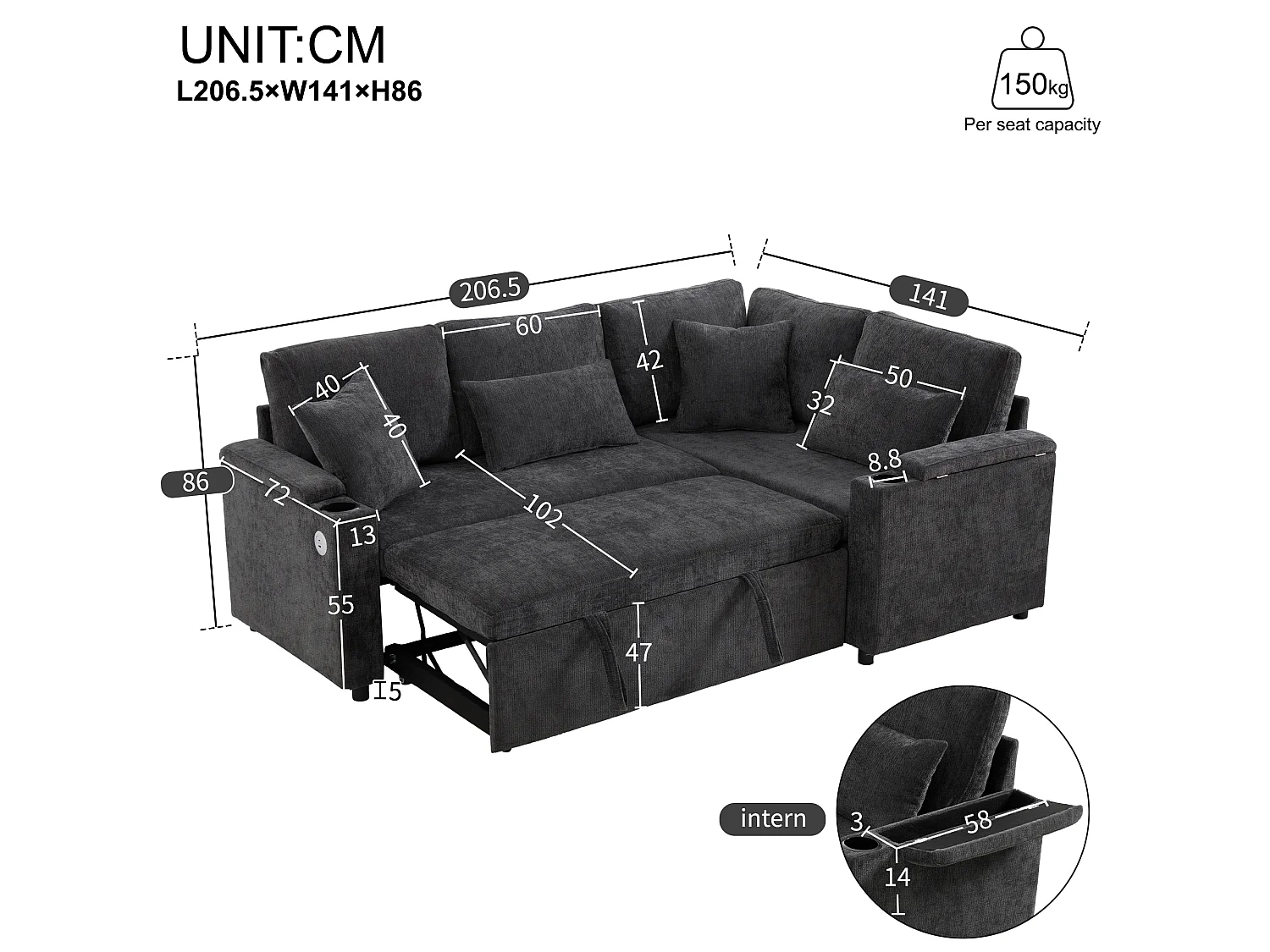 Sofá de canto em L, com espaço de arrumação, porta-copos, porta USB, tabuleiro no apoio de braço e quatro almofadas, cinzento