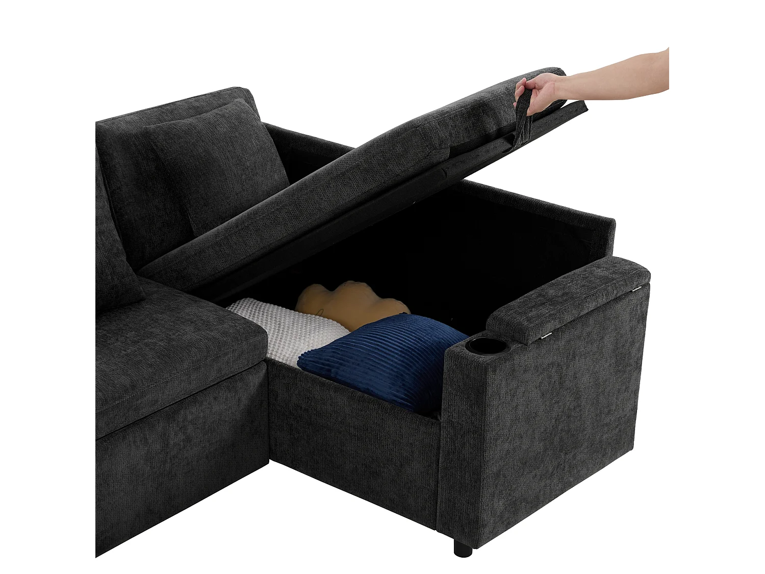 Sofá de canto em L, com espaço de arrumação, porta-copos, porta USB, tabuleiro no apoio de braço e quatro almofadas, cinzento