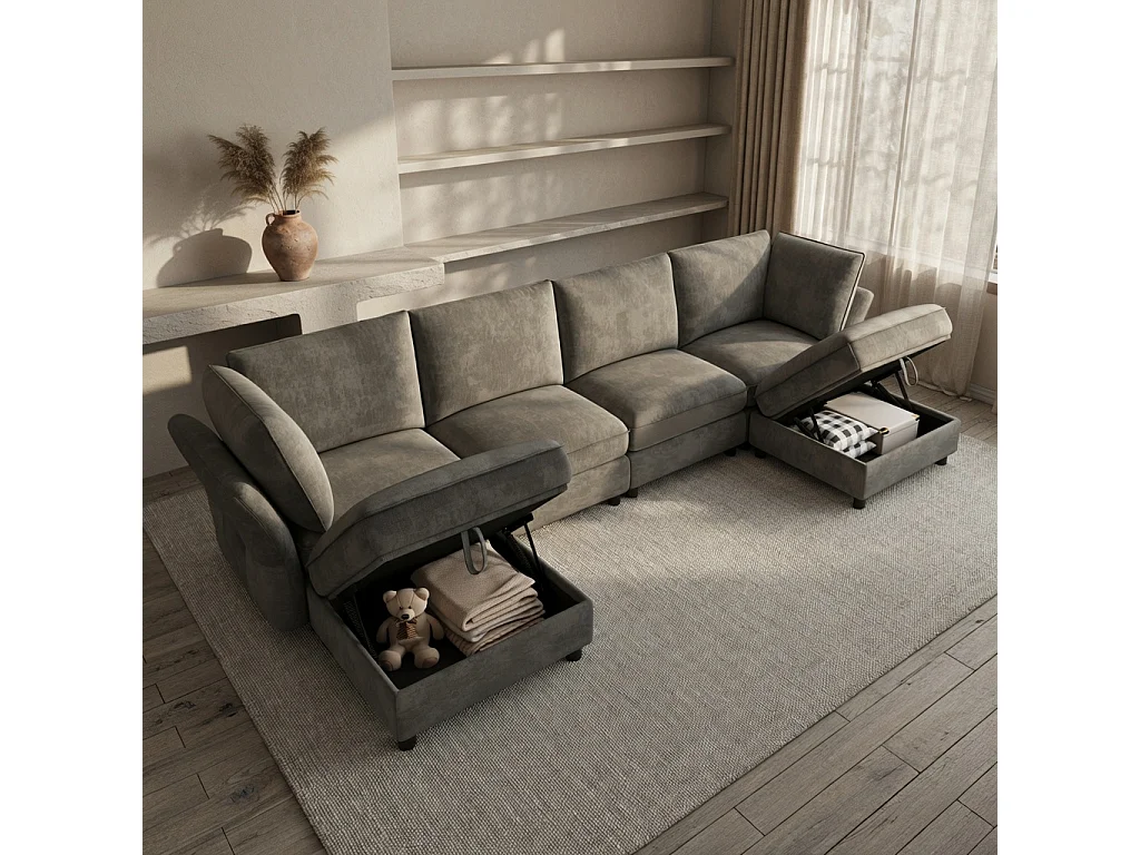 Sofá de canto em L, 6 lugares, com pufe com espaço de arrumação, design em forma de nuvem, tecido chenille, cinzento