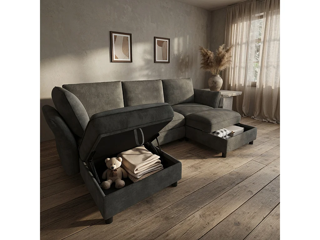 Sofá de canto em L, 6 lugares, com pufe com espaço de arrumação, design em forma de nuvem, tecido chenille, cinzento