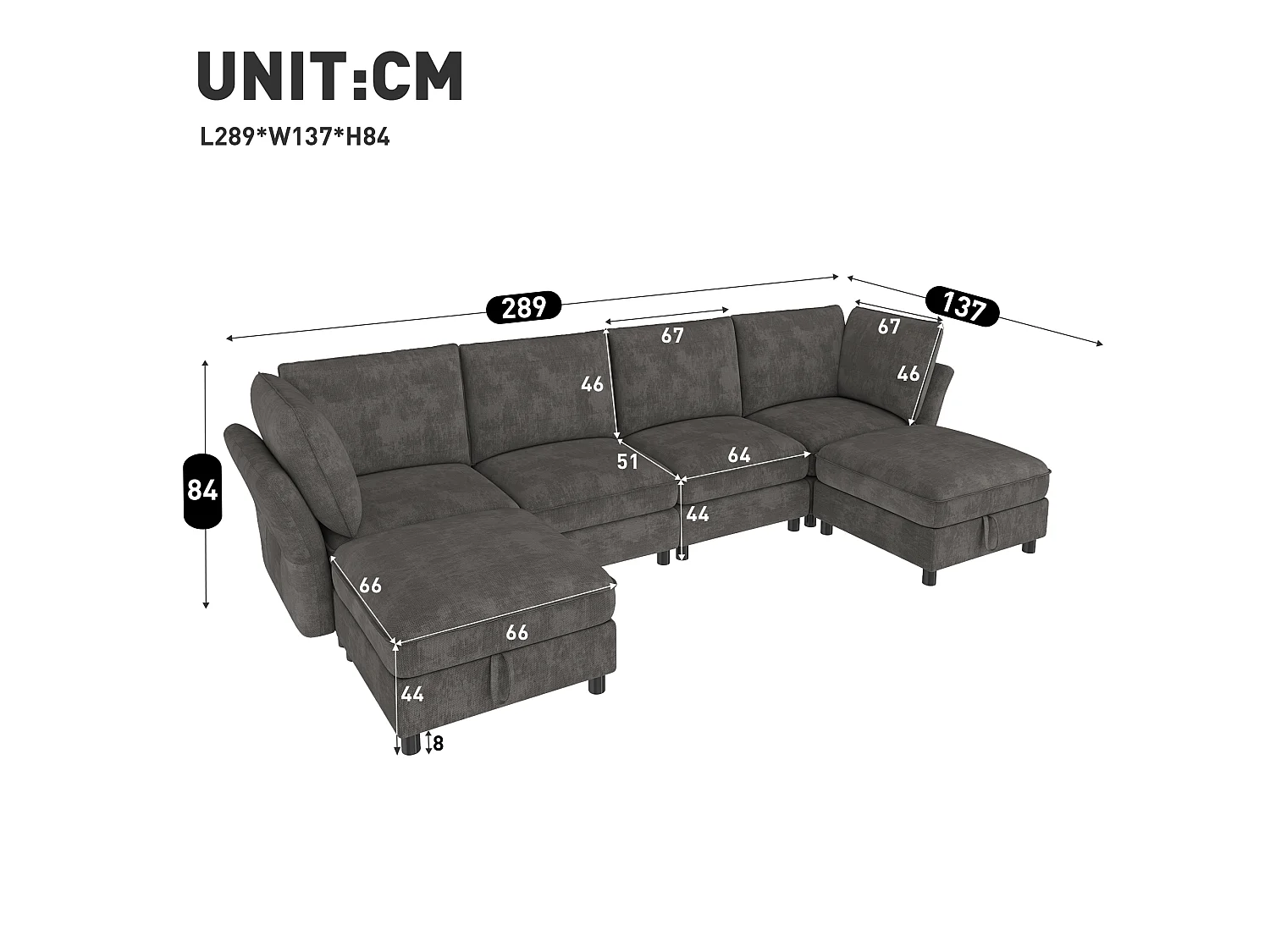 Sofá de canto em L, 6 lugares, com pufe com espaço de arrumação, design em forma de nuvem, tecido chenille, cinzento