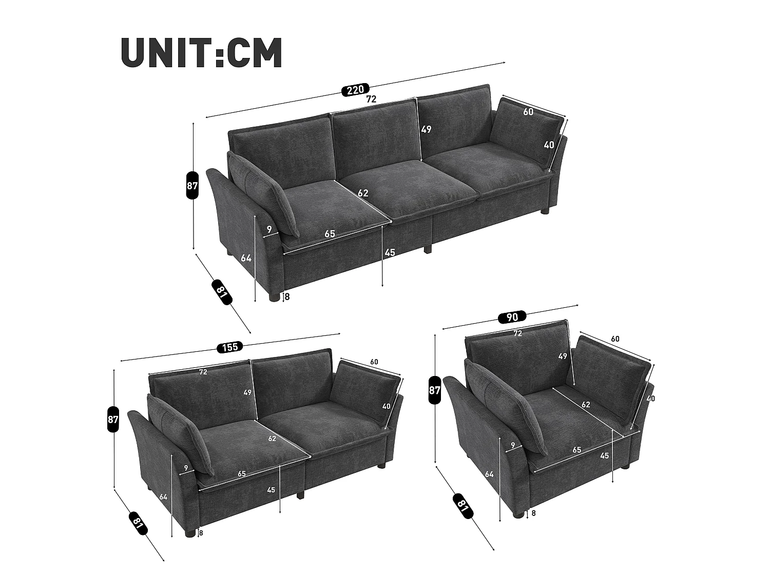 Bankenset van chenille-fluweel: 3-zitsbank + 2-zitsbank + fauteuil, inclusief kussens, grijs