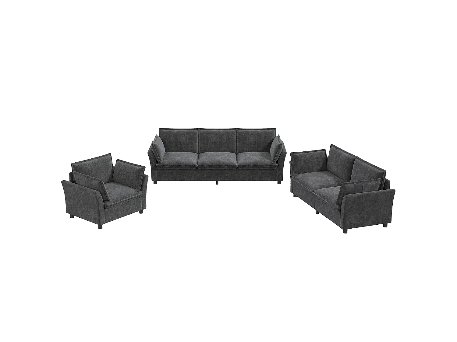 Bankenset van chenille-fluweel: 3-zitsbank + 2-zitsbank + fauteuil, inclusief kussens, grijs