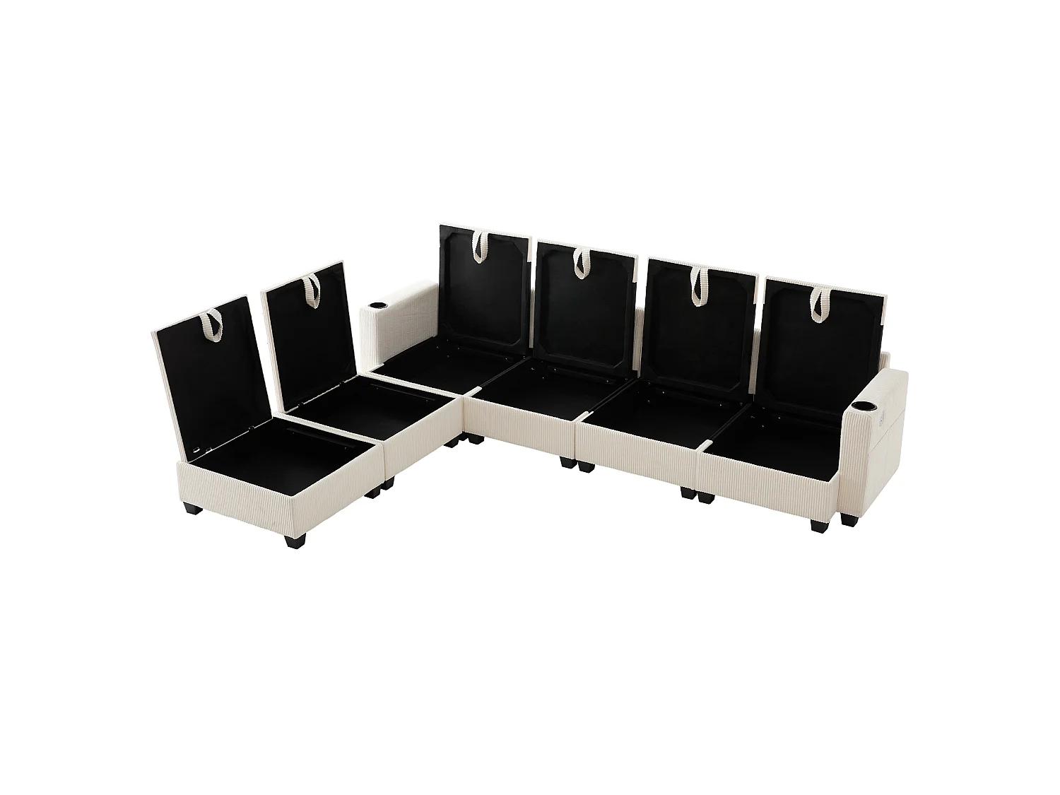 Sofá em L, com estofo em veludo canelado, apoio para os pés removível, porta USB, compartimento de arrumação e porta-copos, bege