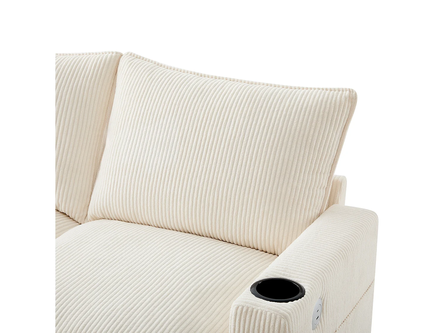 Sofá em L, com estofo em veludo canelado, apoio para os pés removível, porta USB, compartimento de arrumação e porta-copos, bege