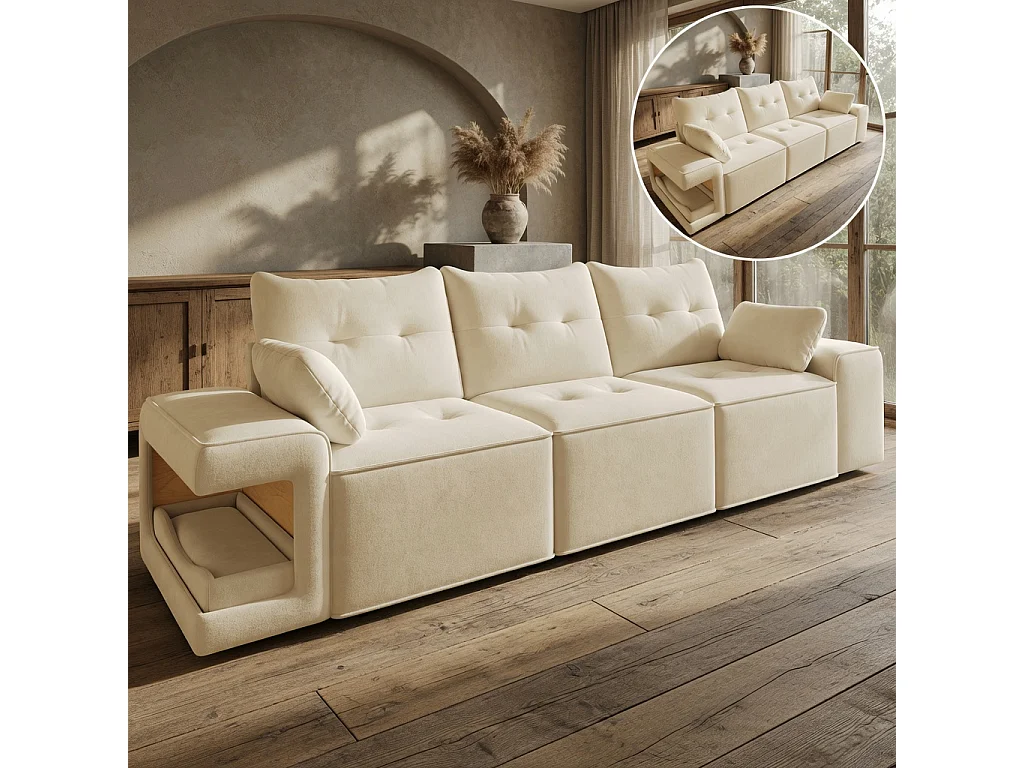 Canapé 3 places avec rangement en tissu beige