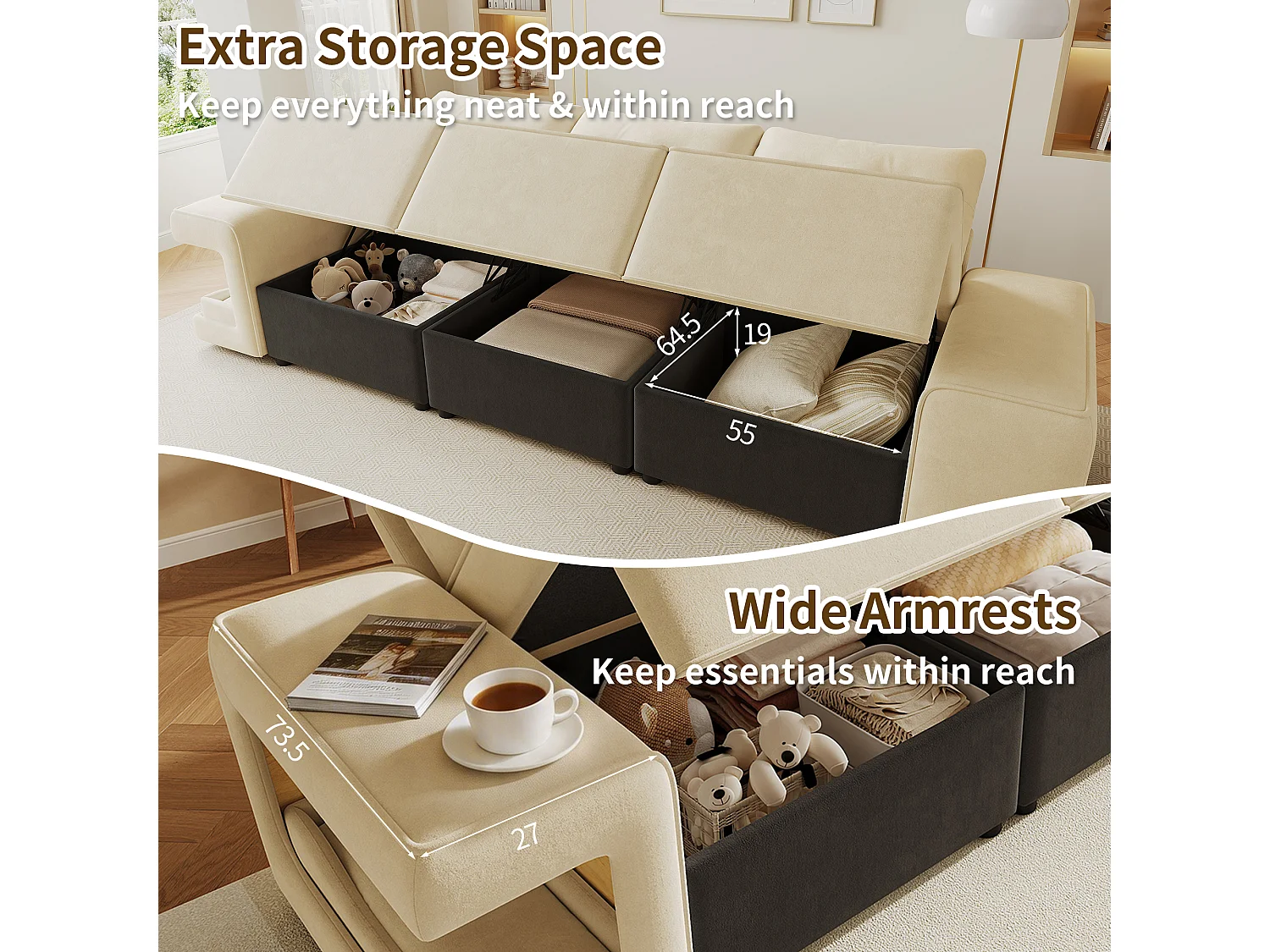 Canapé 3 places avec rangement en tissu beige