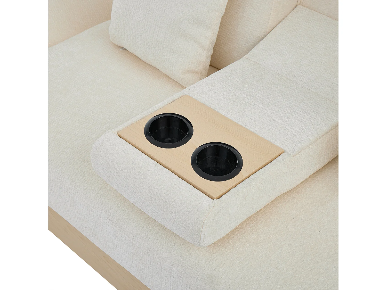 Sofá, encosto ajustável em três posições, com gaveta, tecido de chenille, porta-copos e apoio para os pés com arrumação, bege