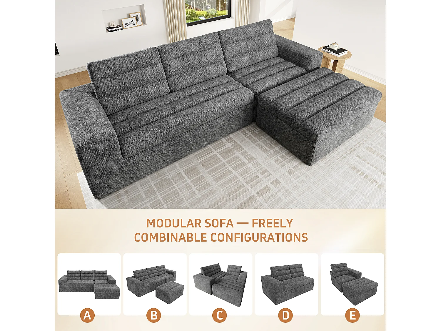 Sofá de canto em L, design sem estrutura, sofá «Cloud», modular à vontade, pronto a usar, em veludo canelado, cinzento claro