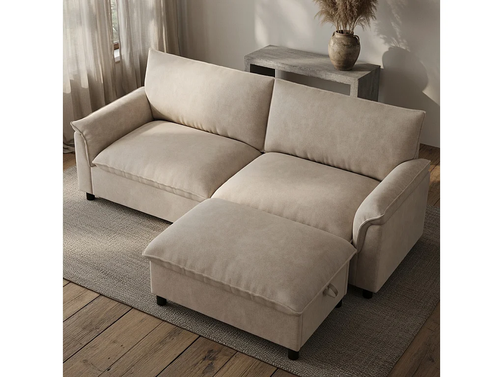 Modulaire hoekbank, extra brede ‘nuage’-bank, met 1 afneembare voetensteun, hoge rugleuning, beige