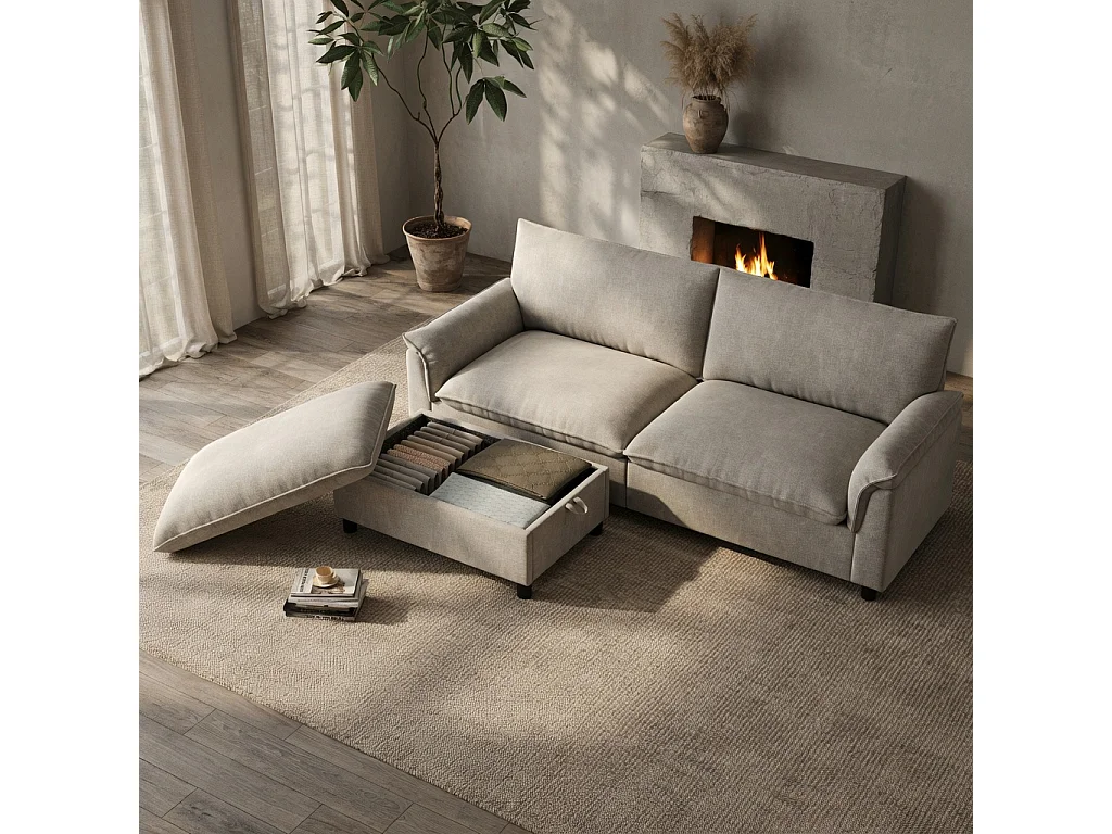 Modulaire hoekbank, extra brede ‘nuage’-bank, met 1 afneembare voetensteun, hoge rugleuning, beige