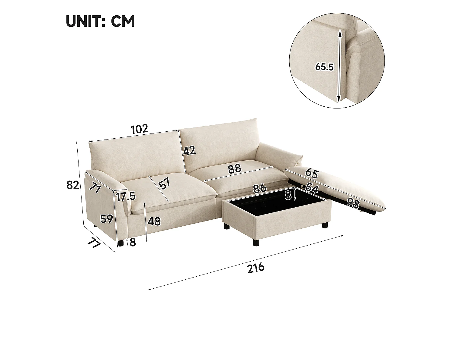 Modulaire hoekbank, extra brede ‘nuage’-bank, met 1 afneembare voetensteun, hoge rugleuning, beige