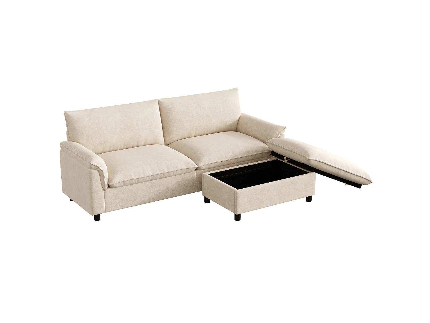 Modulaire hoekbank, extra brede ‘nuage’-bank, met 1 afneembare voetensteun, hoge rugleuning, beige