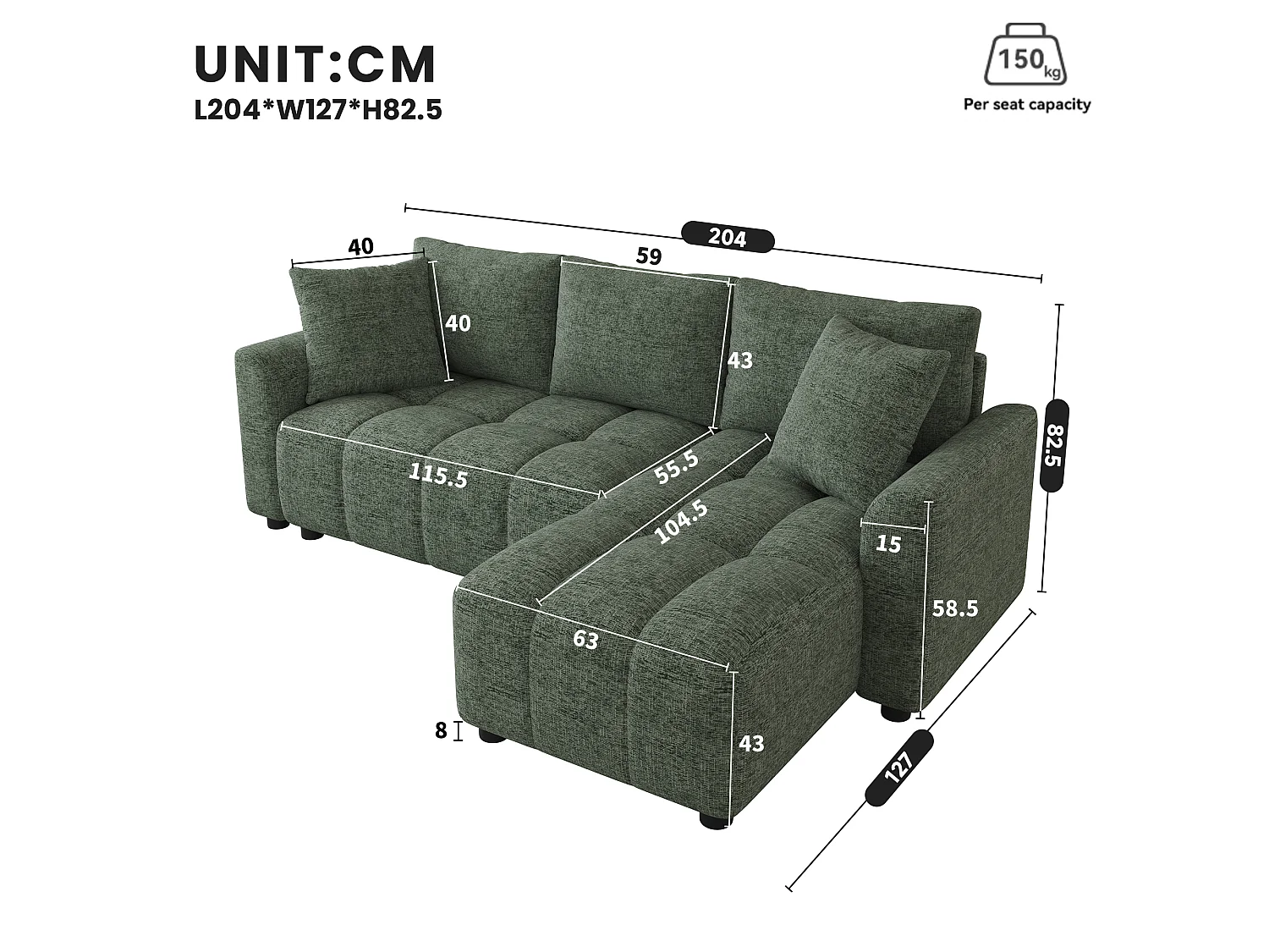 Canapé d'angle 3 places en tissu chenille vert