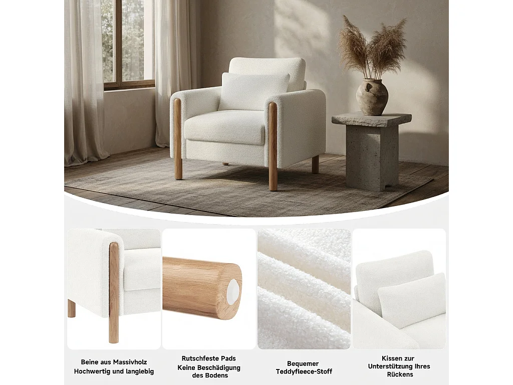 Fauteuil moderne, doté d'un coussin d'assise épais et d'un rembourrage moelleux, adapté au salon, au bureau ou à la chambre à coucher, blanc
