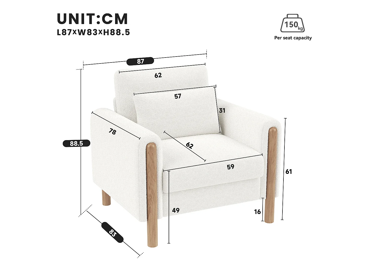 Fauteuil moderne, doté d'un coussin d'assise épais et d'un rembourrage moelleux, adapté au salon, au bureau ou à la chambre à coucher, blanc