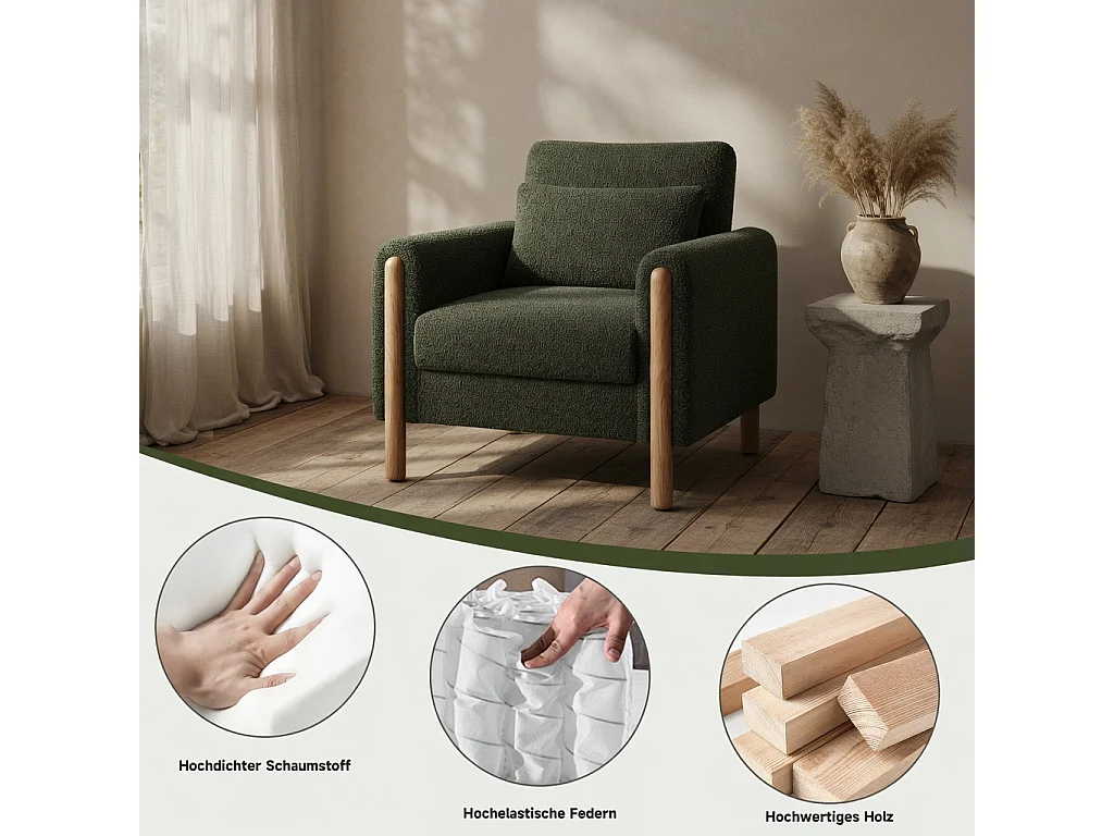Fauteuil moderne, doté d'un coussin d'assise épais et d'un rembourrage moelleux, adapté au salon, au bureau ou à la chambre à coucher, vert
