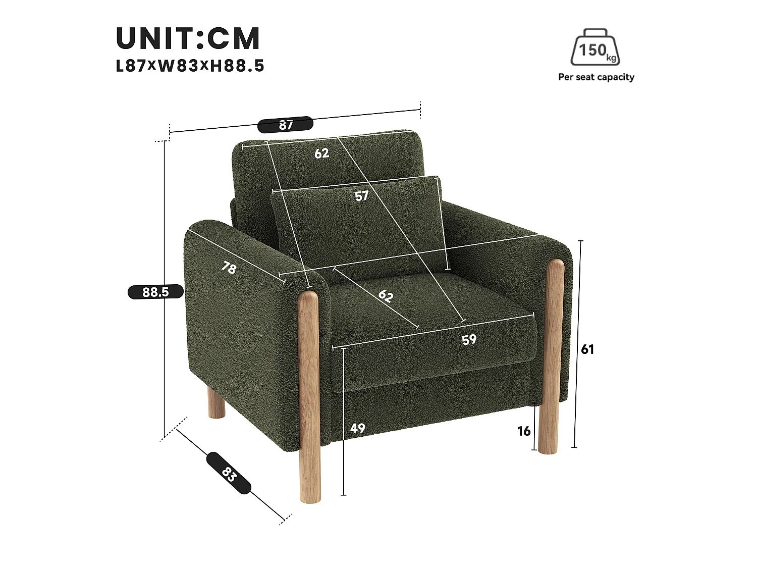 Fauteuil moderne, doté d'un coussin d'assise épais et d'un rembourrage moelleux, adapté au salon, au bureau ou à la chambre à coucher, vert