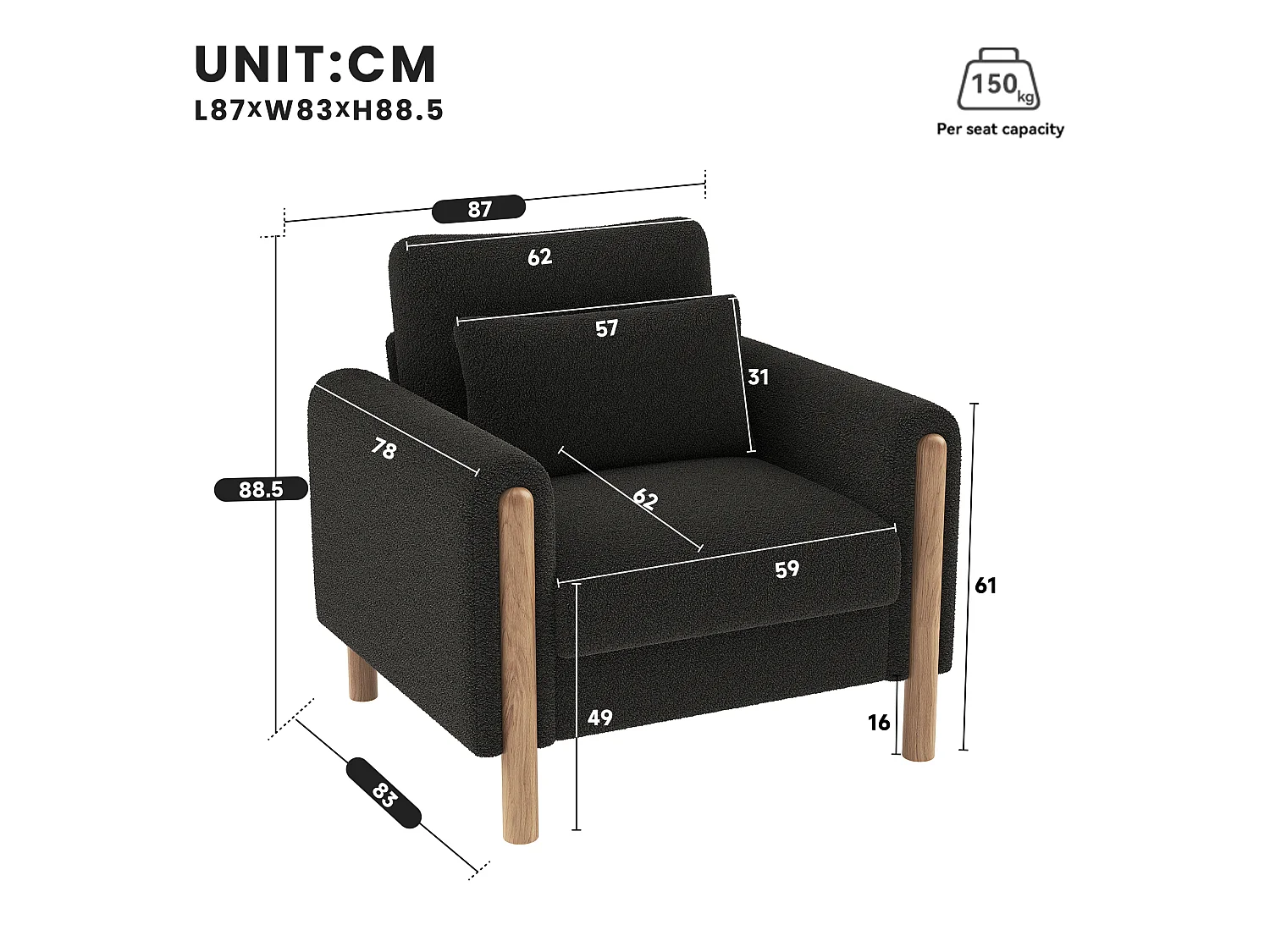 Fauteuil moderne, doté d'un coussin d'assise épais et d'un rembourrage moelleux, adapté au salon, au bureau ou à la chambre à coucher, gris foncé