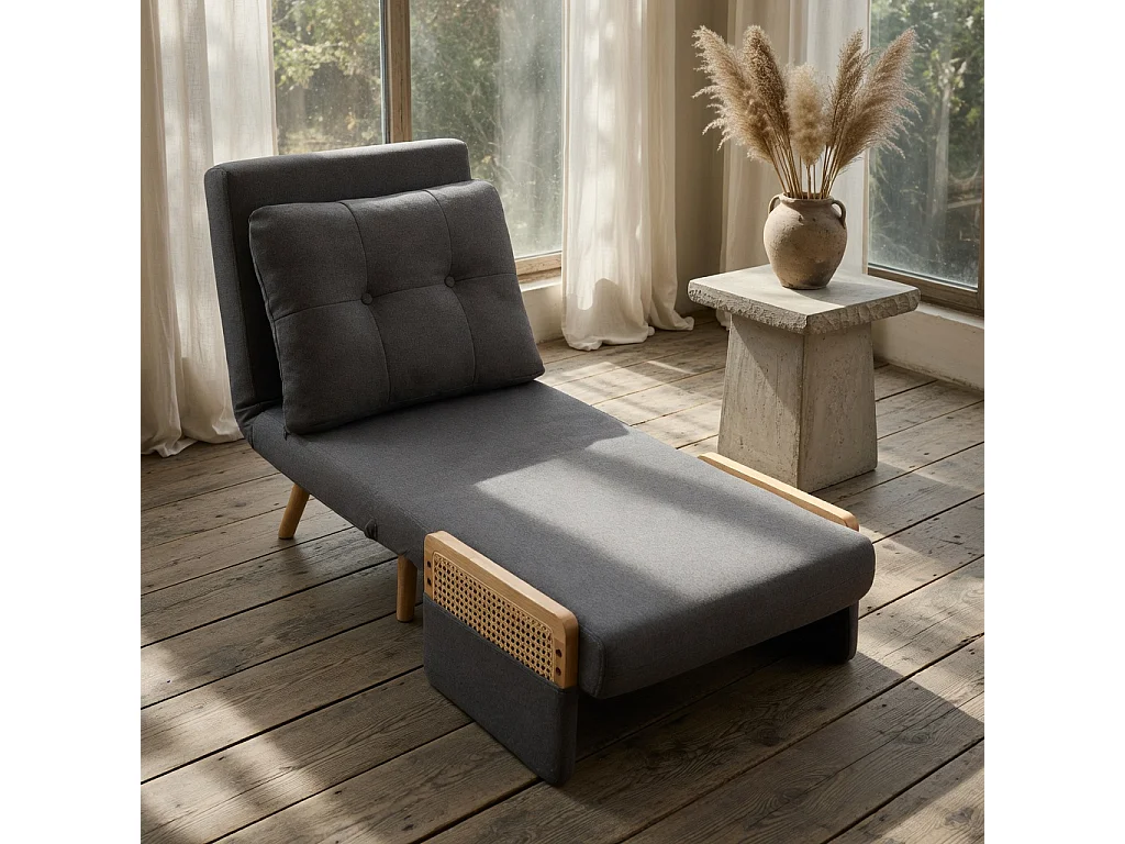 3-in-1 slaapfauteuil, zowel geschikt om in te slapen als opvouwbaar, met een in 5 standen verstelbare rugleuning en armleuningen van rotan, grijs