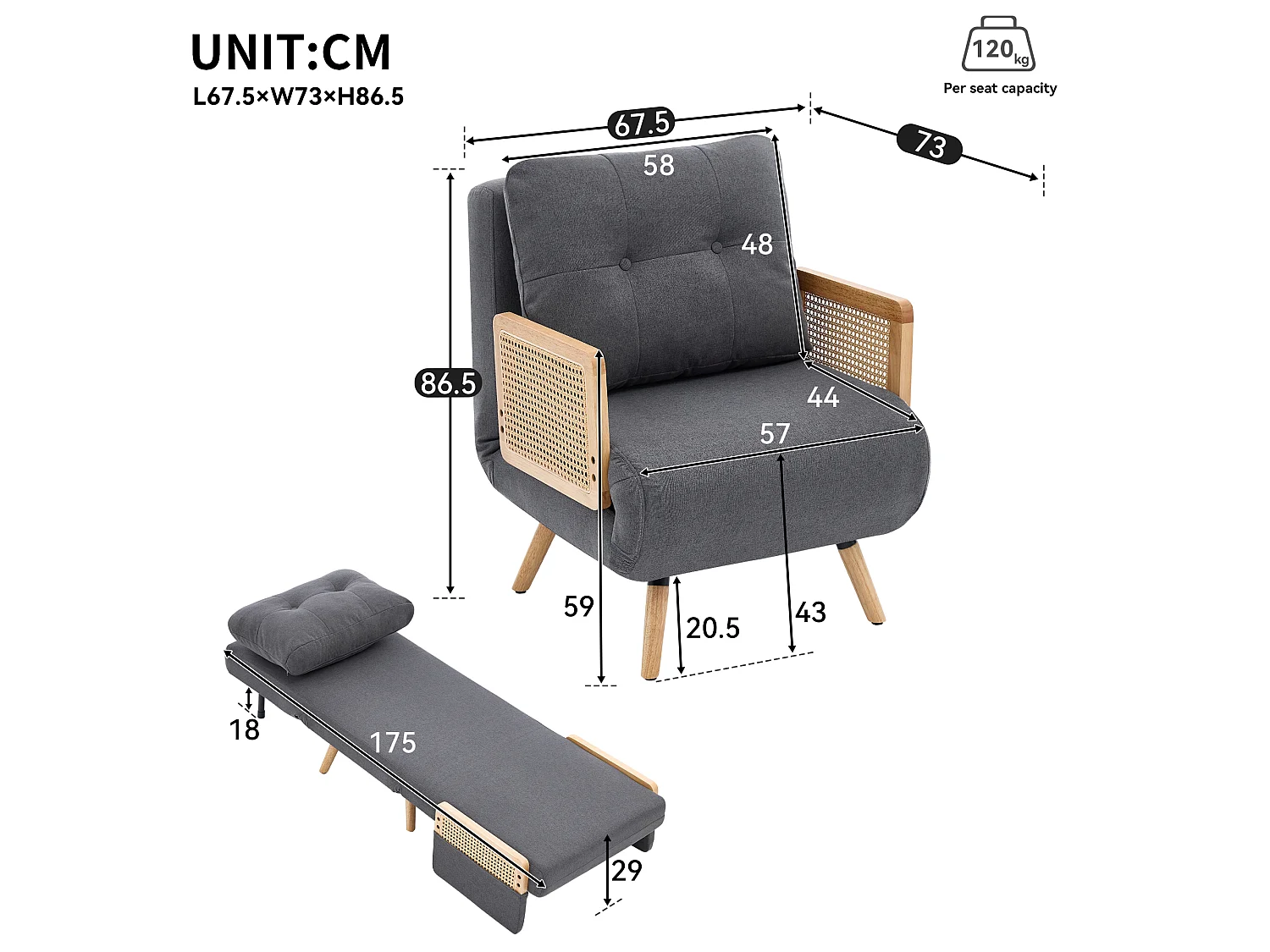 3-in-1 slaapfauteuil, zowel geschikt om in te slapen als opvouwbaar, met een in 5 standen verstelbare rugleuning en armleuningen van rotan, grijs