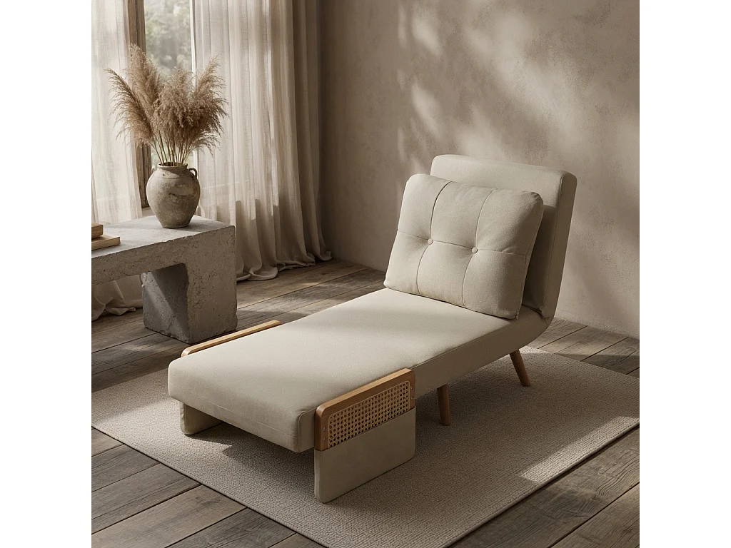 3-in-1 slaapfauteuil, zowel geschikt om in te slapen als opvouwbaar, met een in 5 standen verstelbare rugleuning en armleuningen van rotan, beige