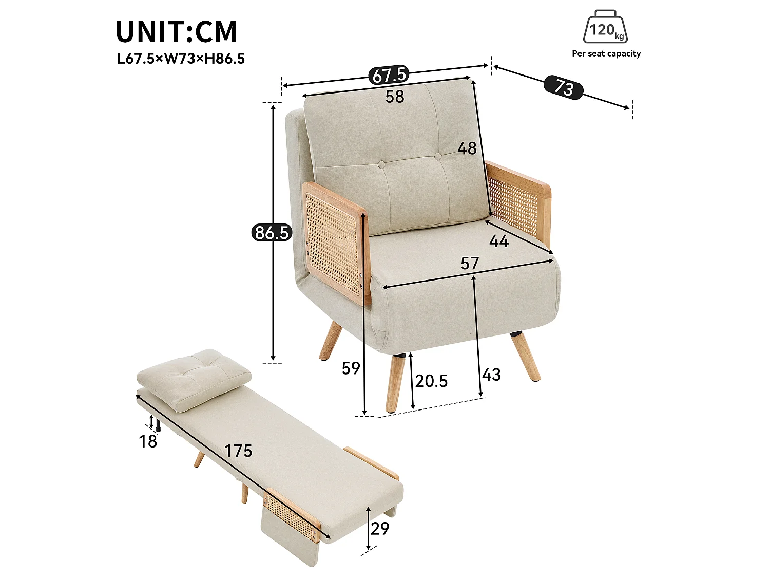 3-in-1 slaapfauteuil, zowel geschikt om in te slapen als opvouwbaar, met een in 5 standen verstelbare rugleuning en armleuningen van rotan, beige