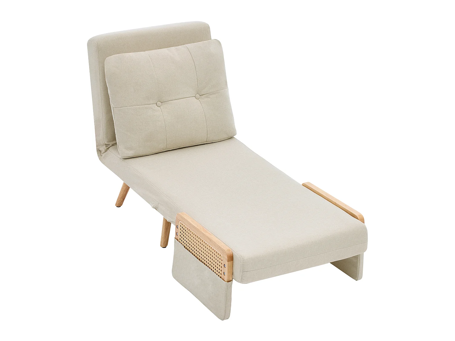 3-in-1 slaapfauteuil, zowel geschikt om in te slapen als opvouwbaar, met een in 5 standen verstelbare rugleuning en armleuningen van rotan, beige