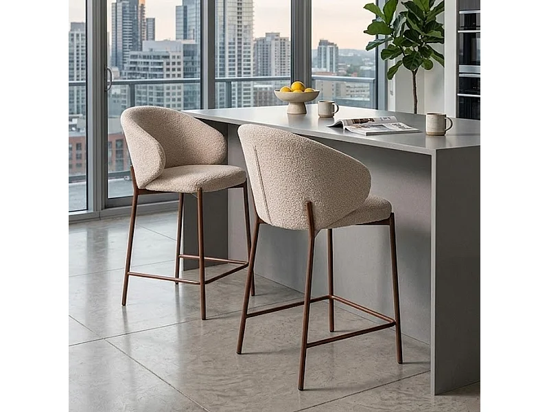 Chaise de bar en tissu beige avec pieds en métal style bois Elora