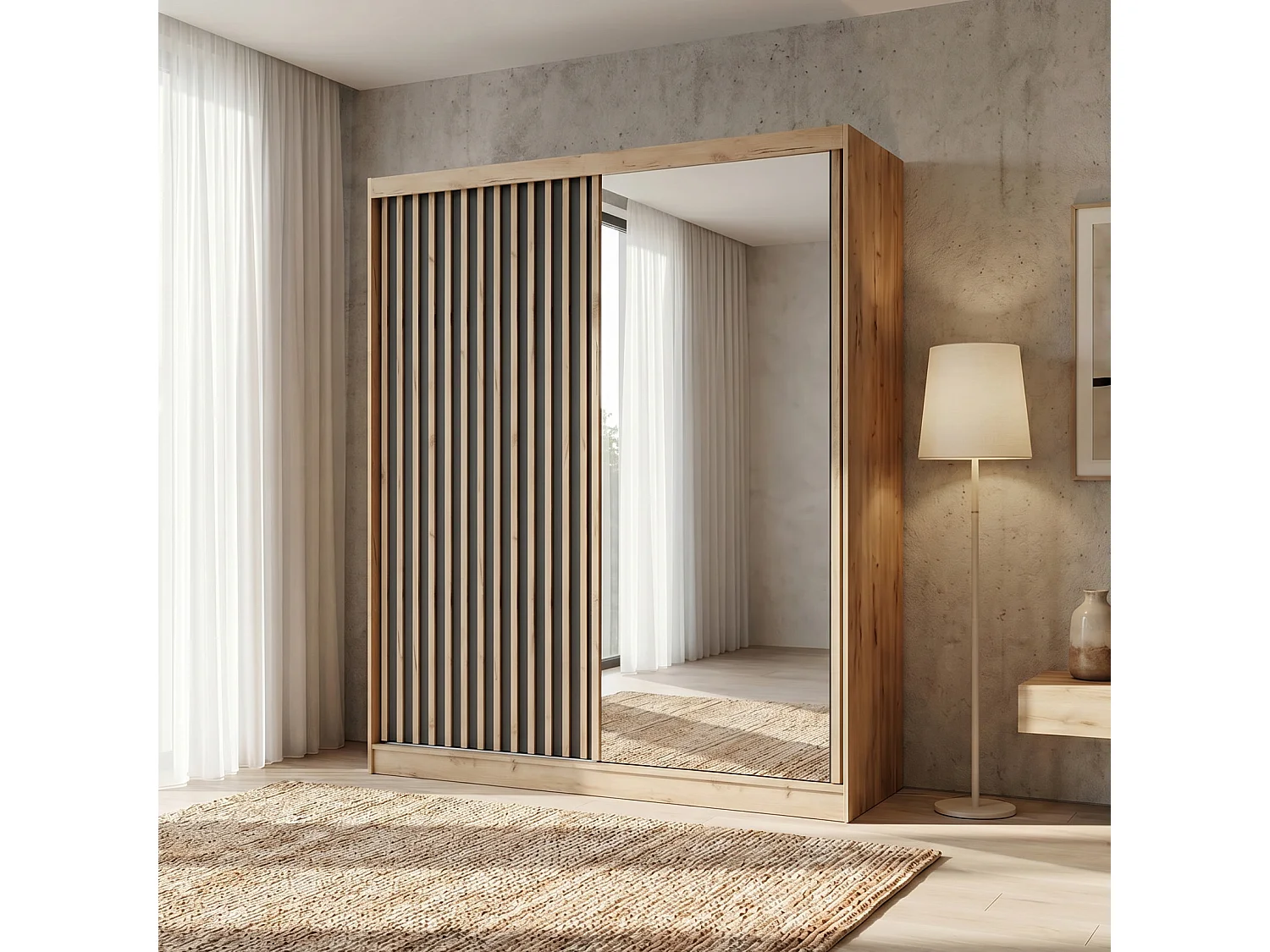 ARMOIRE DONATELLO 180 cm Artisan/Noir Avec Miroir, Portes Coulissantes Et 2 Modules 2 Tiroirs