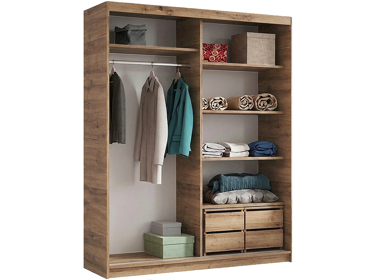 ARMOIRE DONATELLO 180 cm Artisan/Noir Avec Miroir, Portes Coulissantes Et 2 Modules à 2 Tiroirs