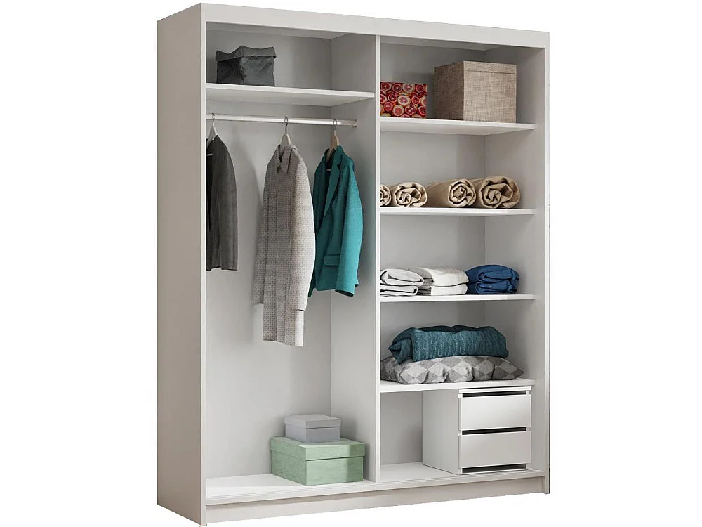 ARMOIRE DONATELLO 160 cm Blanc/Artisan Avec Miroir, Portes Coulissantes Et Module 2 Tiroirs