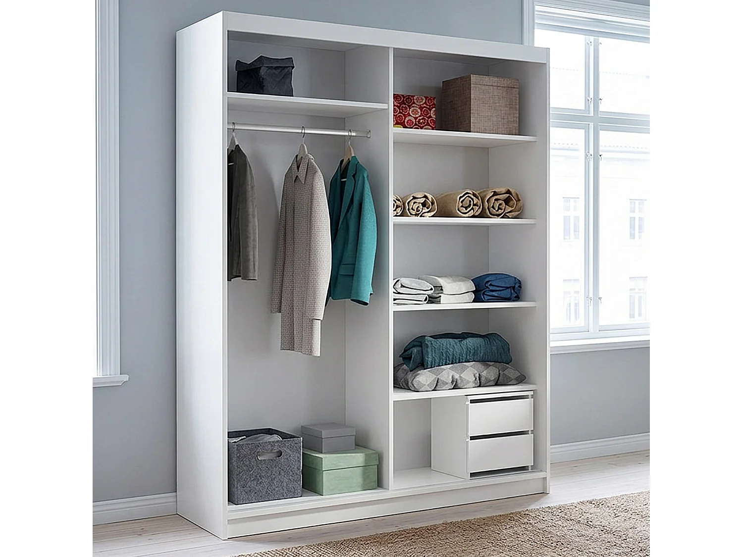 ARMOIRE DONATELLO 160 cm Blanc/Artisan Avec Miroir, Portes Coulissantes Et Module à 2 Tiroirs